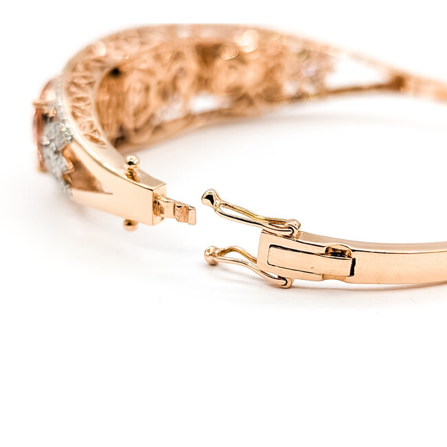 Bracelet Bangle Hinge 1.98ctw Round Diamonds 26.69ctw Peachy Pink Morganite 14kr 17mm 7.25" 25.9g 225110097