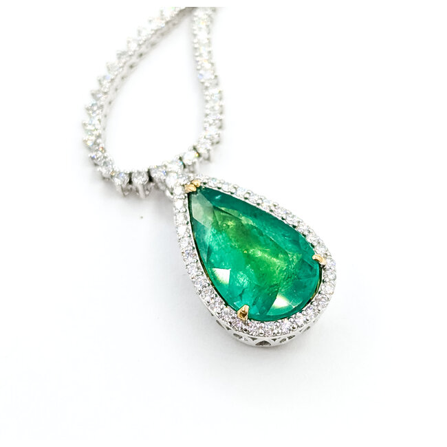 Necklace Tennis Necklace Drop 5.24ctw Round Diamonds 6.55ctw Emerald Plat & 18ky .9x.55" 17" 26.0g 225110117