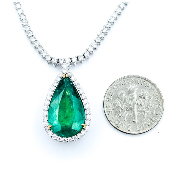 Necklace Tennis Necklace Drop 5.24ctw Round Diamonds 6.55ctw Emerald Plat & 18ky .9x.55" 17" 26.0g 225110117