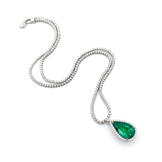 Necklace Tennis Necklace Drop 5.24ctw Round Diamonds 6.55ctw Emerald Plat & 18ky .9x.55" 17" 26.0g 225110117
