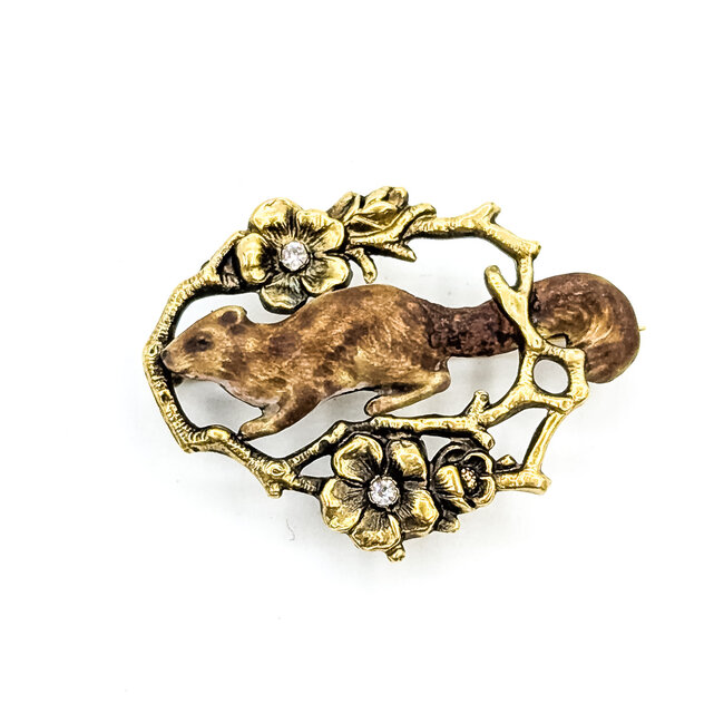 Brooch Squirel Enamel .04ctw Old Mine Cut Diamonds 10ky 1.25x.9" 3.85g 225110083