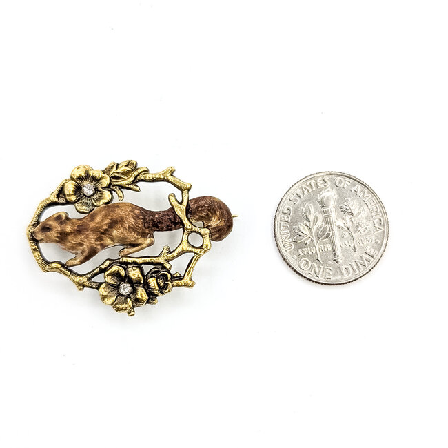 Brooch Squirel Enamel .04ctw Old Mine Cut Diamonds 10ky 1.25x.9" 3.85g 225110083