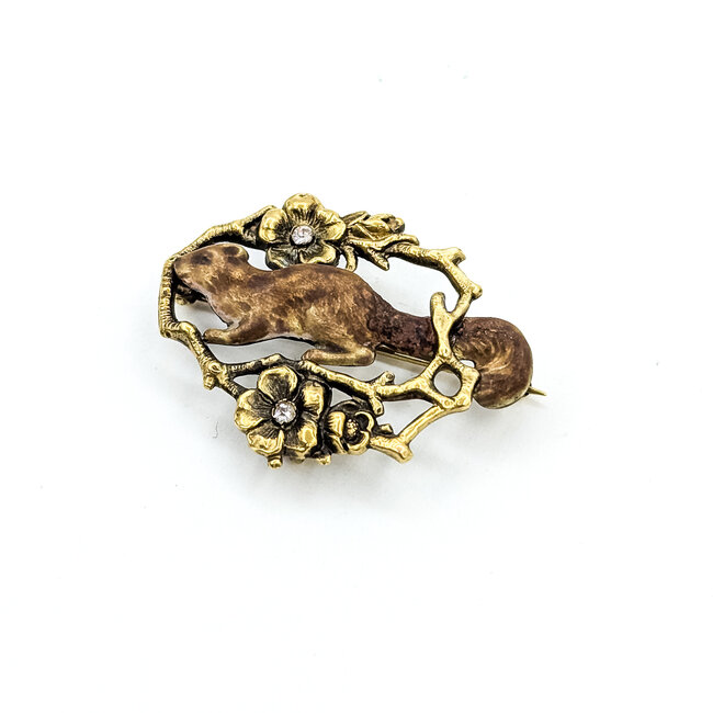 Brooch Squirel Enamel .04ctw Old Mine Cut Diamonds 10ky 1.25x.9" 3.85g 225110083