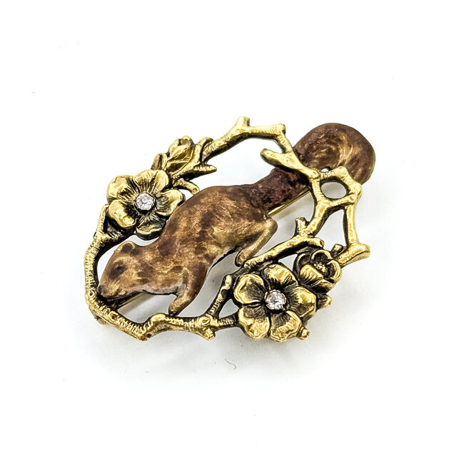 Brooch Squirel Enamel .04ctw Old Mine Cut Diamonds 10ky 1.25x.9" 3.85g 225110083