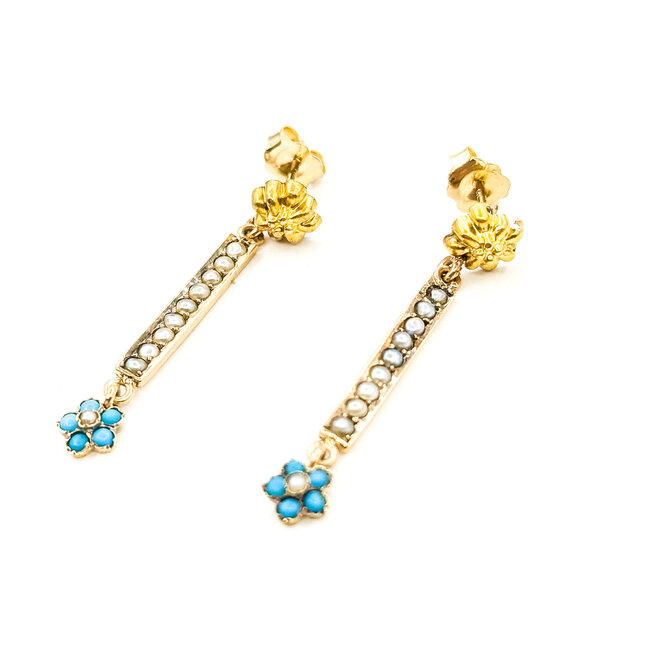 Earrings Bar Dangle 2mm Seed Pearls 2mm Seed Turquoise 14ky 1.35x.2" 2.25g 225110082