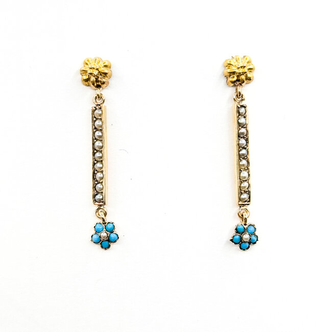 Earrings Bar Dangle 2mm Seed Pearls 2mm Seed Turquoise 14ky 1.35x.2" 2.25g 225110082
