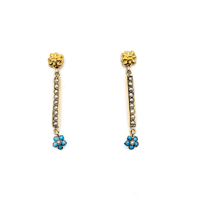 Earrings Bar Dangle 2mm Seed Pearls 2mm Seed Turquoise 14ky 1.35x.2" 2.25g 225110082