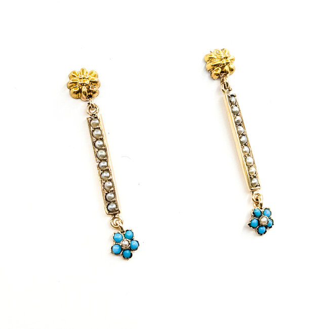 Earrings Bar Dangle 2mm Seed Pearls 2mm Seed Turquoise 14ky 1.35x.2" 2.25g 225110082