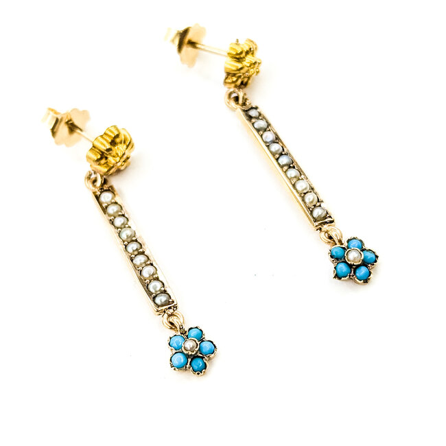 Earrings Bar Dangle 2mm Seed Pearls 2mm Seed Turquoise 14ky 1.35x.2" 2.25g 225110082
