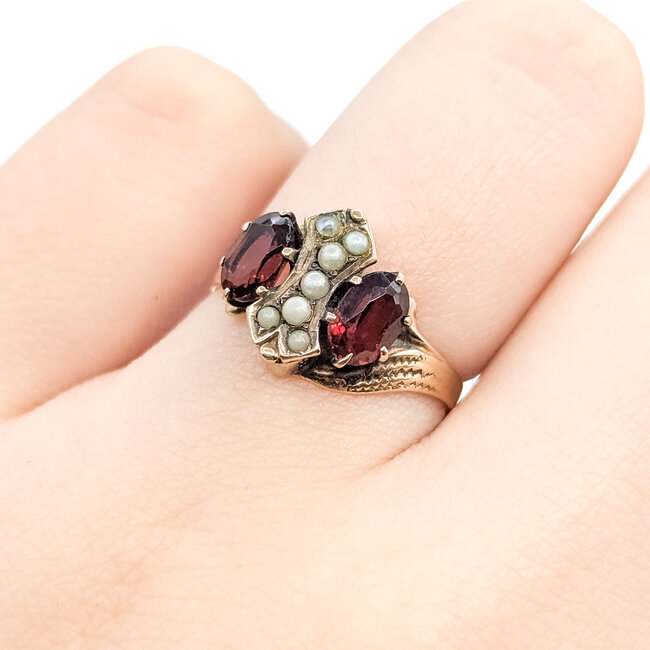 Ring Bypass 1.2ctw Mozambique Garnet 2mm White Seed Pearls 10ky 11mm Sz6 2.12g 225110093
