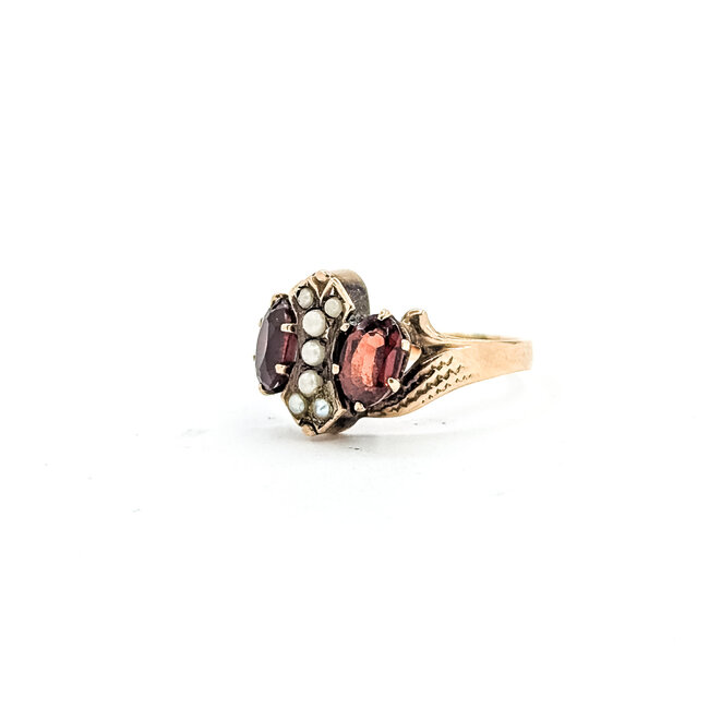Ring Bypass 1.2ctw Mozambique Garnet 2mm White Seed Pearls 10ky 11mm Sz6 2.12g 225110093