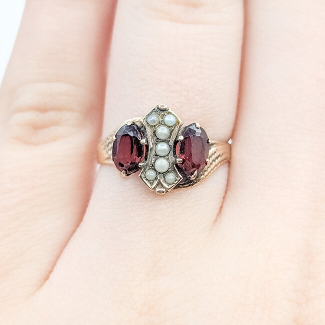 Ring Bypass 1.2ctw Mozambique Garnet 2mm White Seed Pearls 10ky 11mm Sz6 2.12g 225110093