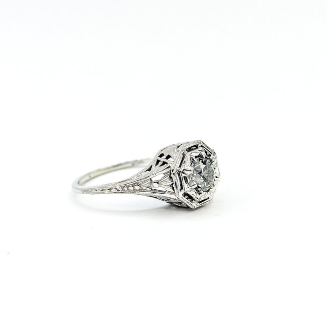 Ring Filigree Engagement 0.37ctw Old Euro Cut Diamond 18kw 9mm Sz6.5 2.77g 225110057