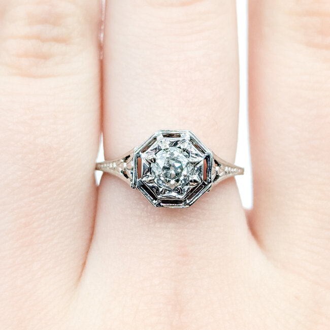 Ring Filigree Engagement 0.37ctw Old Euro Cut Diamond 18kw 9mm Sz6.5 2.77g 225110057
