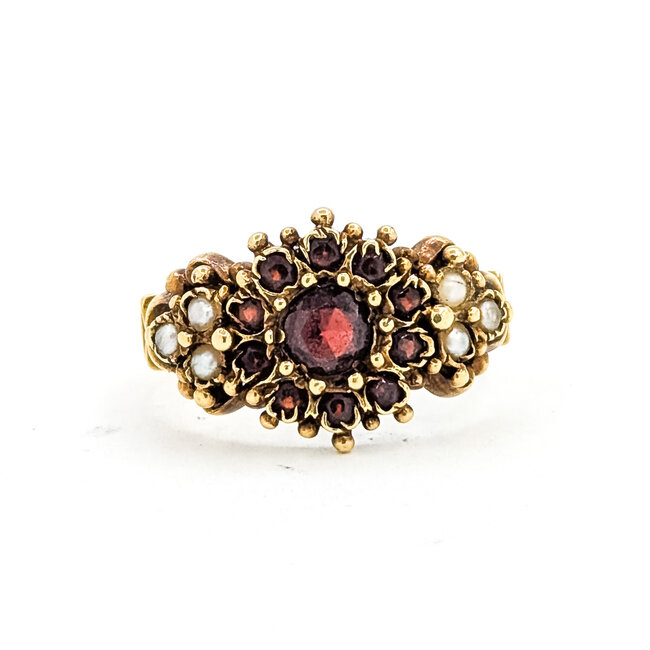 Ring Ornate 1ctw Mozambique Garnet 2mm White Seed Pearls 14ky 13mm Sz7.5 5.22g 225110092
