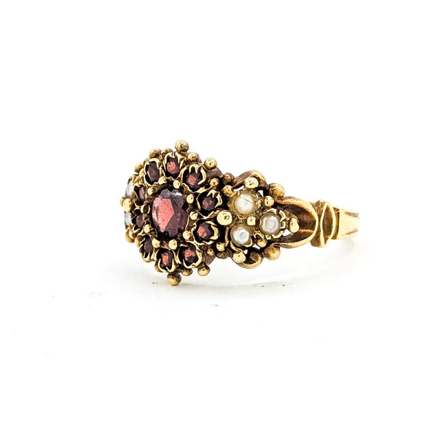 Ring Ornate 1ctw Mozambique Garnet 2mm White Seed Pearls 14ky 13mm Sz7.5 5.22g 225110092