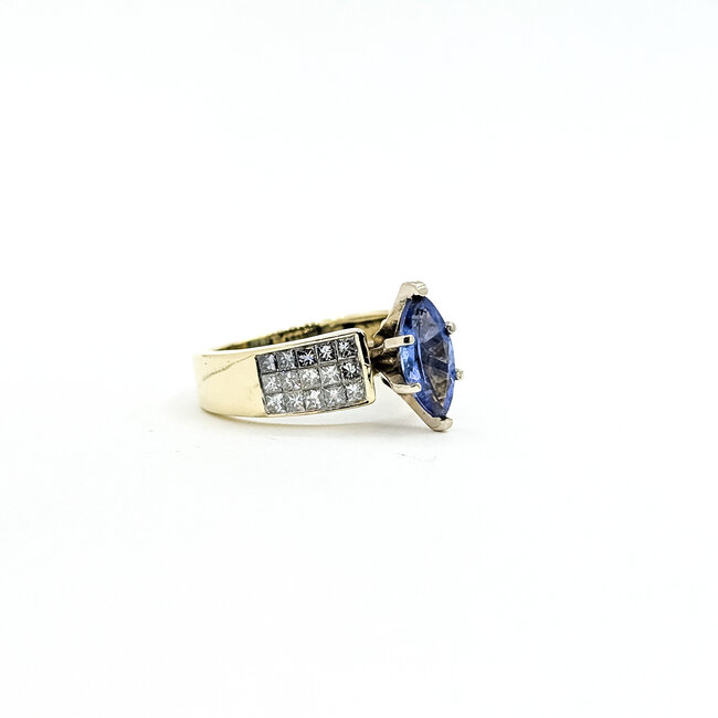 Ring Invisible Set 0.45ctw Princess Diamonds 0.9ct Purplish-Blue Tanzanite 14ky 6mm Sz6 5.22g 225100149