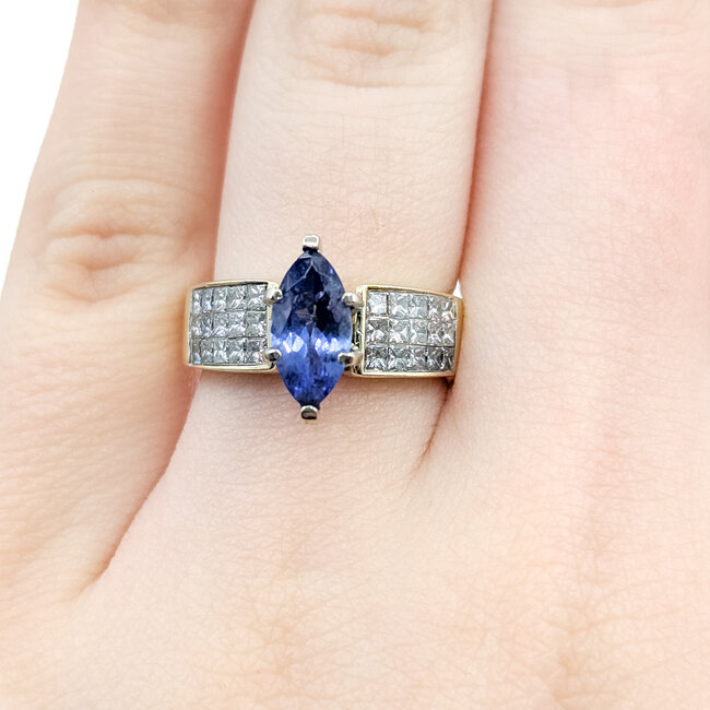 Ring Invisible Set 0.45ctw Princess Diamonds 0.9ct Purplish-Blue Tanzanite 14ky 6mm Sz6 5.22g 225100149