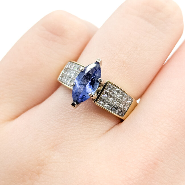 Ring Invisible Set 0.45ctw Princess Diamonds 0.9ct Purplish-Blue Tanzanite 14ky 6mm Sz6 5.22g 225100149