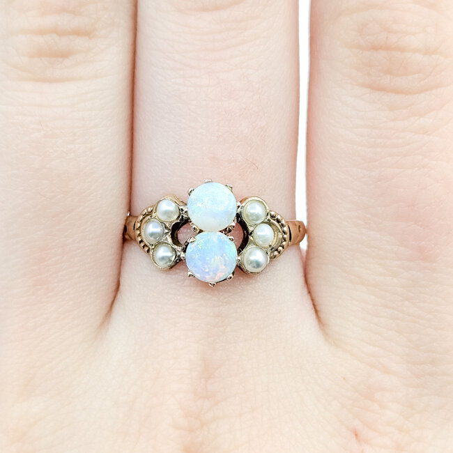Ring Milgrain .50ctw Opal 3mm White Seed Pearls 9ky 10mm Sz8.5 1.9g 225110086