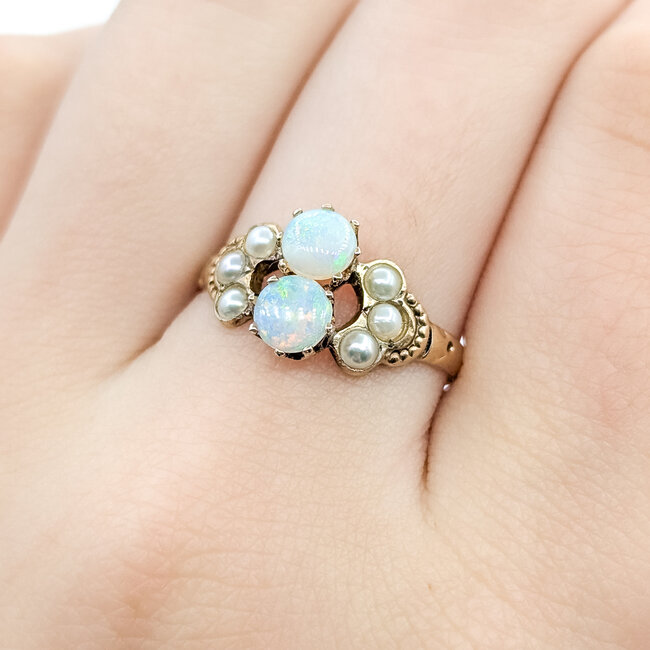 Ring Milgrain .50ctw Opal 3mm White Seed Pearls 9ky 10mm Sz8.5 1.9g 225110086