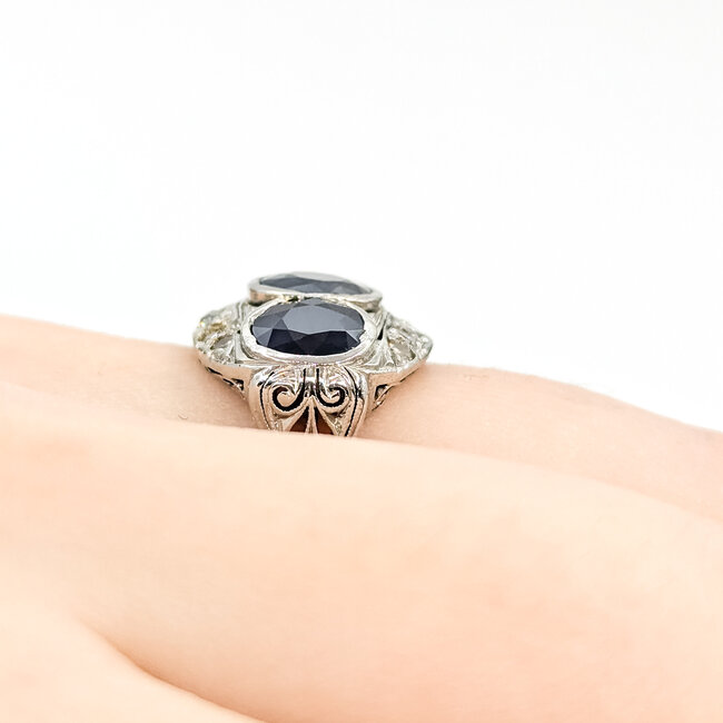 Ring 3-Stone Filigree 0.15ctw Round Diamonds 2.28ct Blue Sapphire Platinum 14mm Sz5 5.94g 225100139