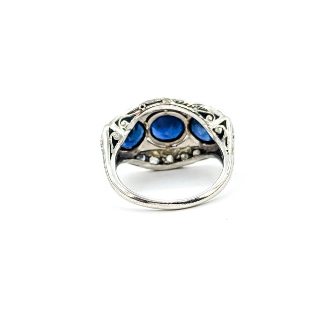 Ring 3-Stone Filigree 0.15ctw Round Diamonds 2.28ct Blue Sapphire Platinum 14mm Sz5 5.94g 225100139