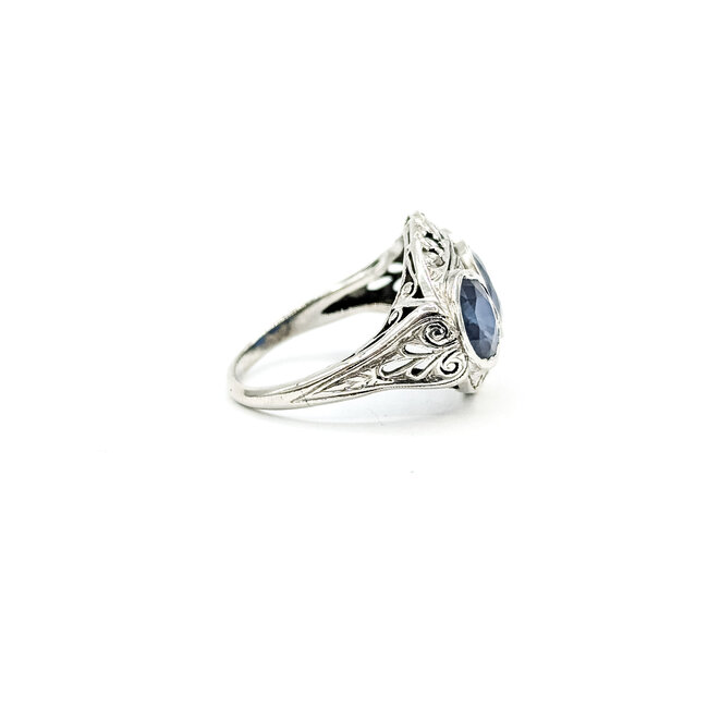 Ring 3-Stone Filigree 0.15ctw Round Diamonds 2.28ct Blue Sapphire Platinum 14mm Sz5 5.94g 225100139
