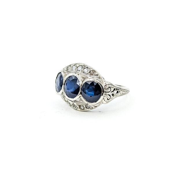 Ring 3-Stone Filigree 0.15ctw Round Diamonds 2.28ct Blue Sapphire Platinum 14mm Sz5 5.94g 225100139