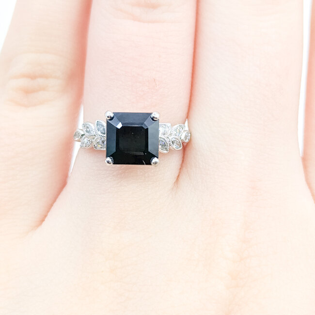 Ring Engagement Milgrain .25ctw Round & Marquise Diamonds 2.75ct Black Sapphire 14kw 2.3mm Sz5 4.15g 225110065
