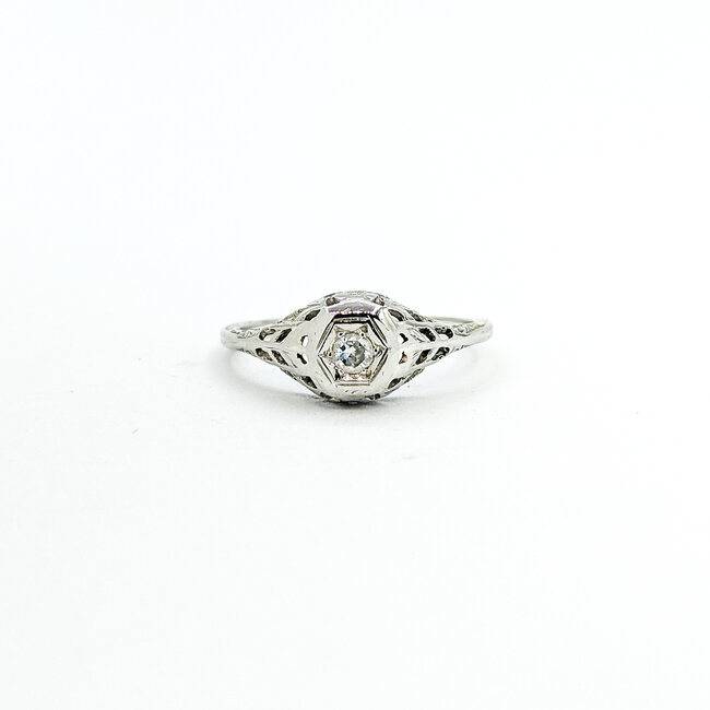 Ring Filigree Engagement 0.08ctw Euro Cut Diamond 18kw 8mm Sz7.5 2.01g 225110058