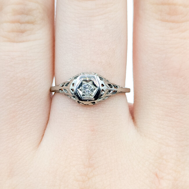 Ring Filigree Engagement 0.08ctw Euro Cut Diamond 18kw 8mm Sz7.5 2.01g 225110058