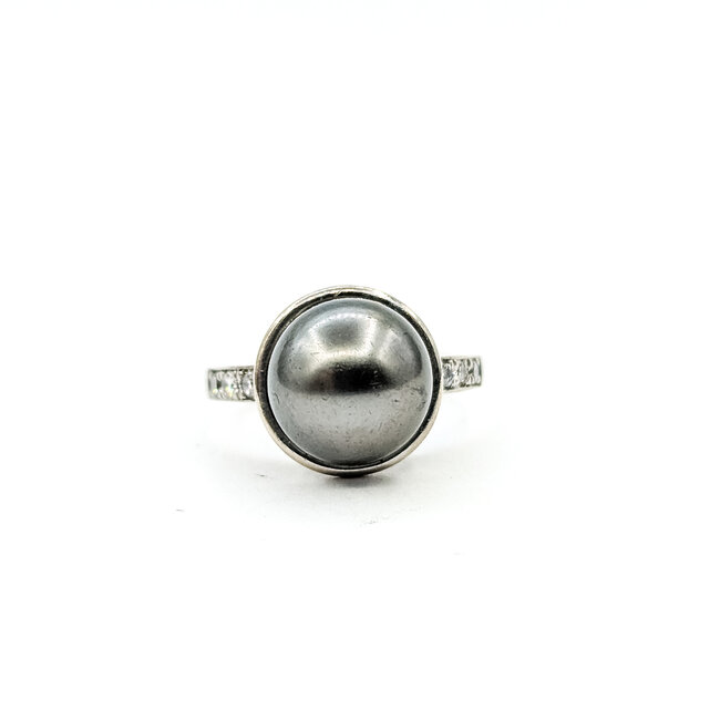 Ring Modern 0.16ctw Round Diamonds 11.5mm Tahitian Pearl 18kw 2.7mm Sz8 8.06g 225100152