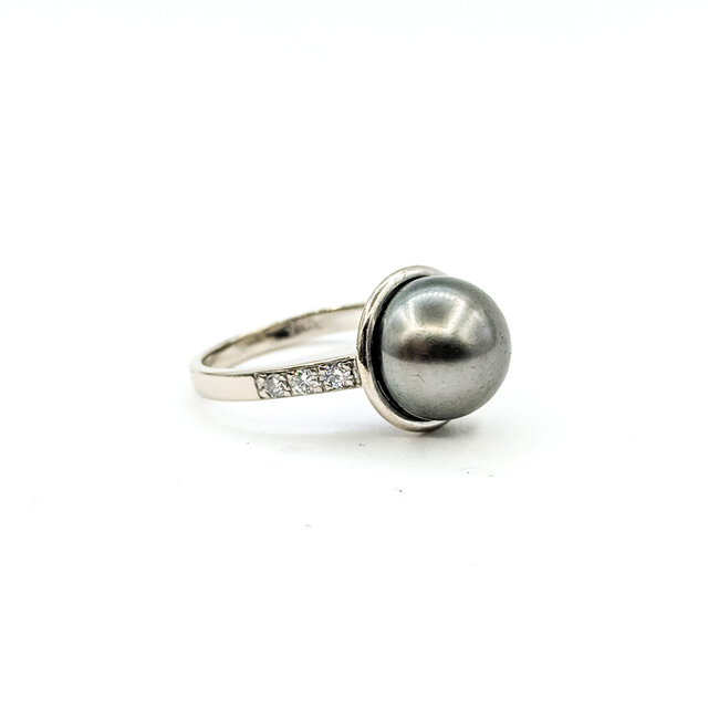 Ring Modern 0.16ctw Round Diamonds 11.5mm Tahitian Pearl 18kw 2.7mm Sz8 8.06g 225100152