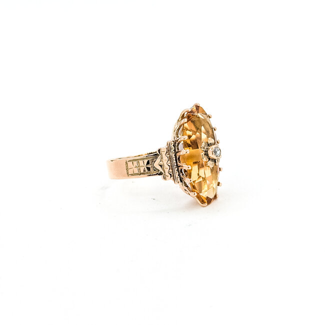 Ring Architectual Basket .02ct Old Mine Cut Diamond 3.5ct Golden Yellow Citrine 14ky 3.8mm Sz6 3.31g 225110089
