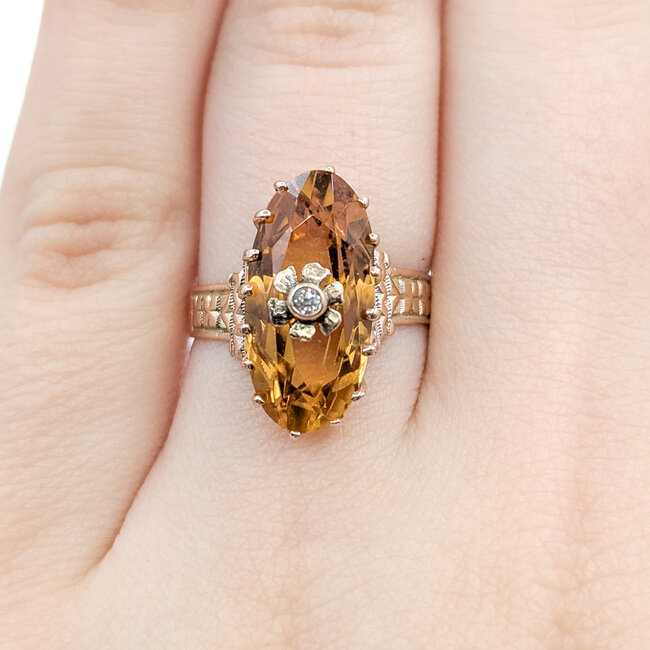 Ring Architectual Basket .02ct Old Mine Cut Diamond 3.5ct Golden Yellow Citrine 14ky 3.8mm Sz6 3.31g 225110089