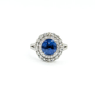 Ring Cocktail Double Halo 1.30ctw Round Diamonds 3.00ctw Pastel Blue Sapphire Plat 16x15mm Sz7 7.7g 225110123