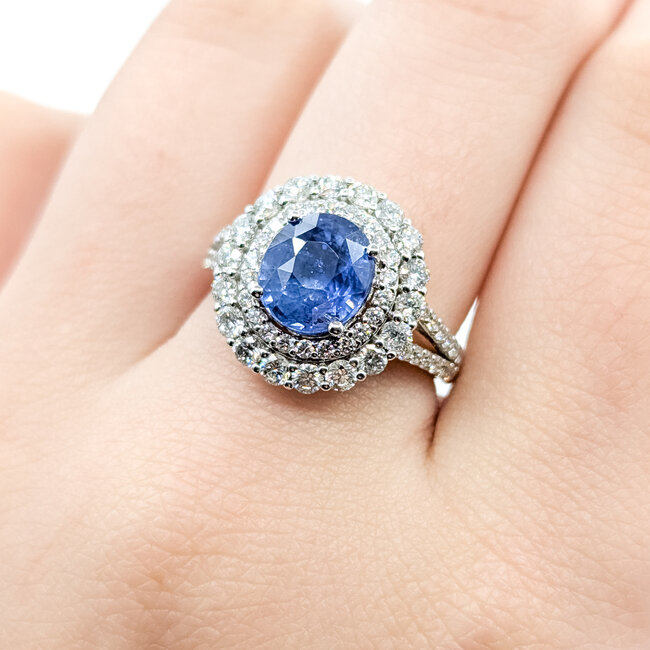 Ring Cocktail Double Halo 1.30ctw Round Diamonds 3.00ctw Pastel Blue Sapphire Plat 16x15mm Sz7 7.7g 225110123
