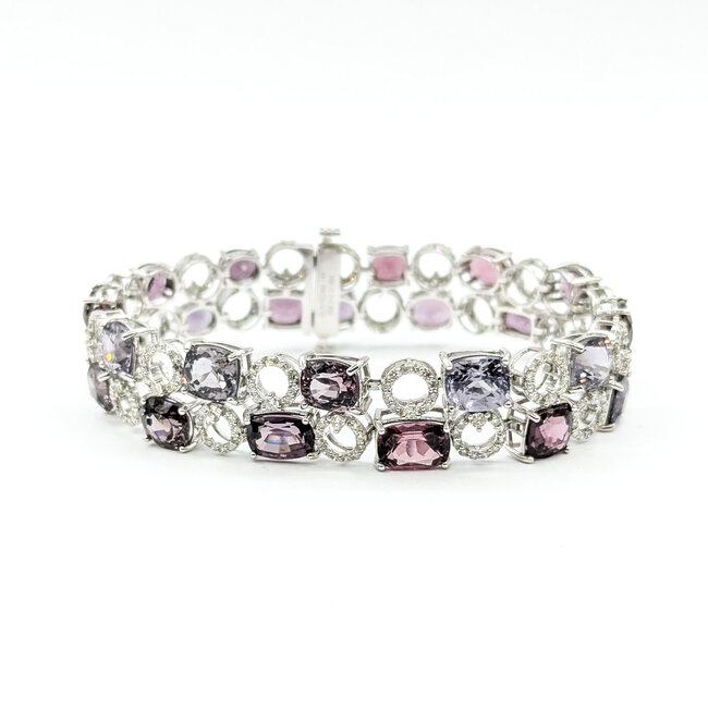 Bracelet Circle Station Link 2.8ctw Round Diamonds 36.31ctw Pink-Purple-Red Spinel 14kw 7x.5" 26.9g 225100110