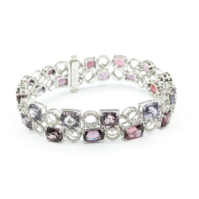 Bracelet Circle Station Link 2.8ctw Round Diamonds 36.31ctw Pink-Purple-Red Spinel 14kw 7x.5" 26.9g 225100110
