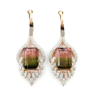 Earrings Lever Back Dangle 2.29ctw Round Diamonds 13.6ctw Watermelon Tourmaline 14kr 1.95x.75" 13.1g 225110128