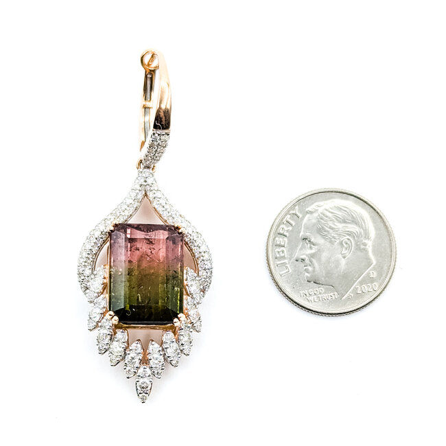 Earrings Lever Back Dangle 2.29ctw Round Diamonds 13.6ctw Watermelon Tourmaline 14kr 1.95x.75" 13.1g 225110128