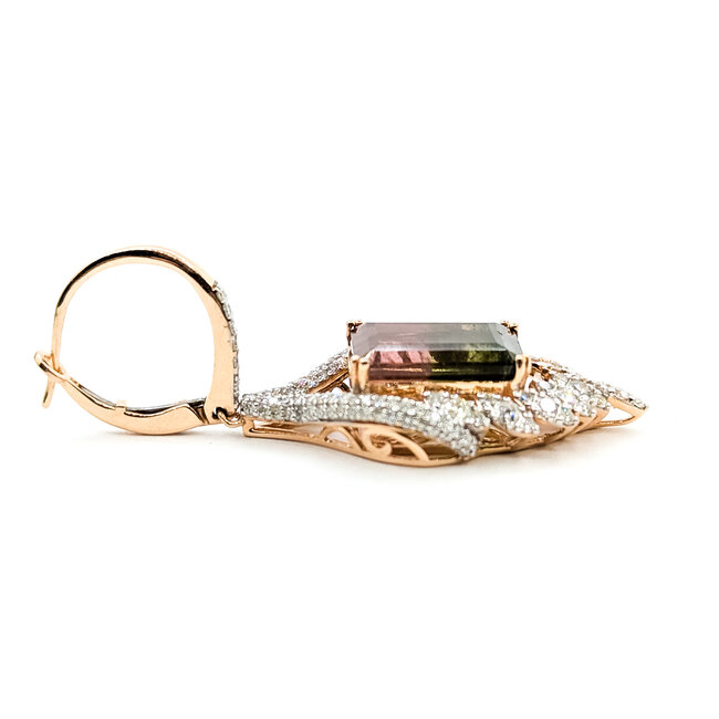 Earrings Lever Back Dangle 2.29ctw Round Diamonds 13.6ctw Watermelon Tourmaline 14kr 1.95x.75" 13.1g 225110128
