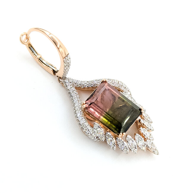 Earrings Lever Back Dangle 2.29ctw Round Diamonds 13.6ctw Watermelon Tourmaline 14kr 1.95x.75" 13.1g 225110128