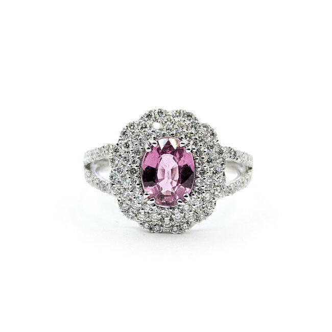 Ring Double Halo Split Shank 0.92ctw Round Diamonds 1.38ctw Pink Sapphire PLAT 14mm Sz7 6.2g 225110133