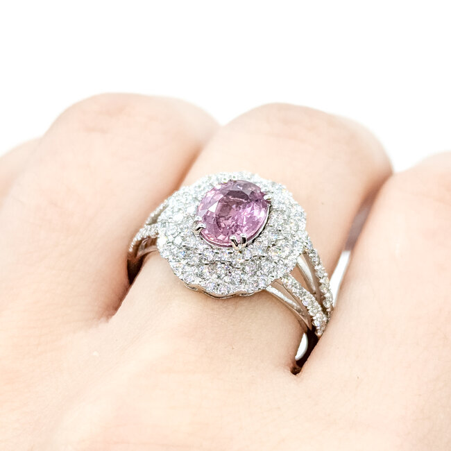 Ring Double Halo Split Shank 0.92ctw Round Diamonds 1.38ctw Pink Sapphire PLAT 14mm Sz7 6.2g 225110133