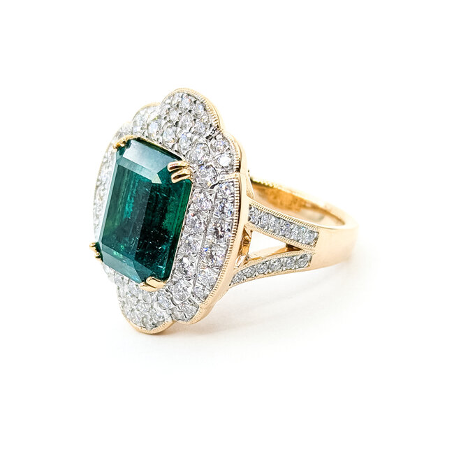 Ring Halo Milgrain 1.71ctw Round Diamonds 7.2ctw Emerald Plat 24mm Sz7 17.1g 225110134