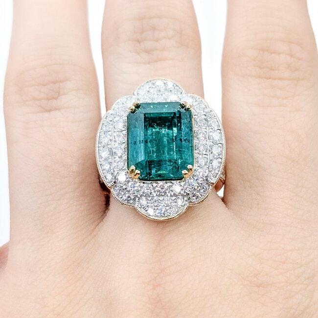 Ring Halo Milgrain 1.71ctw Round Diamonds 7.2ctw Emerald Plat 24mm Sz7 17.1g 225110134