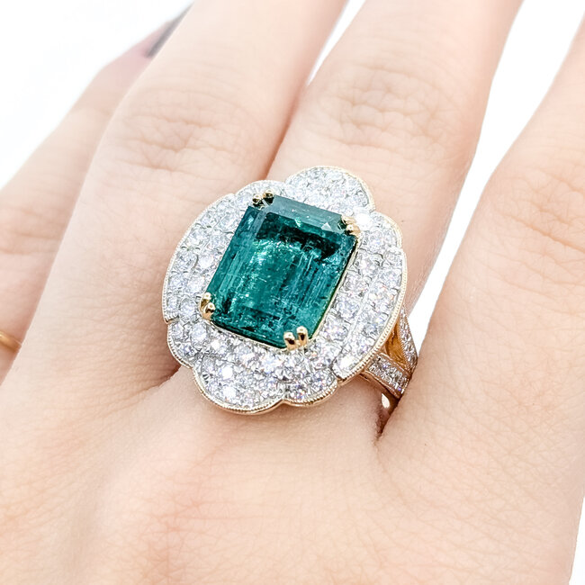 Ring Halo Milgrain 1.71ctw Round Diamonds 7.2ctw Emerald Plat 24mm Sz7 17.1g 225110134