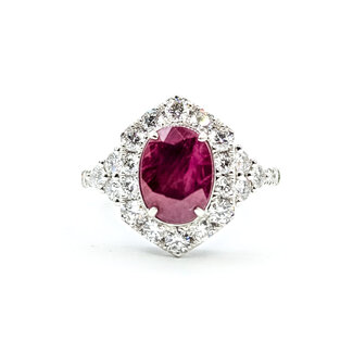 Ring Halo 0.92ctw Round Diamonds 1.99ctw Burma Red Ruby PLAT 15mm Sz6.5 16.7g 225110131